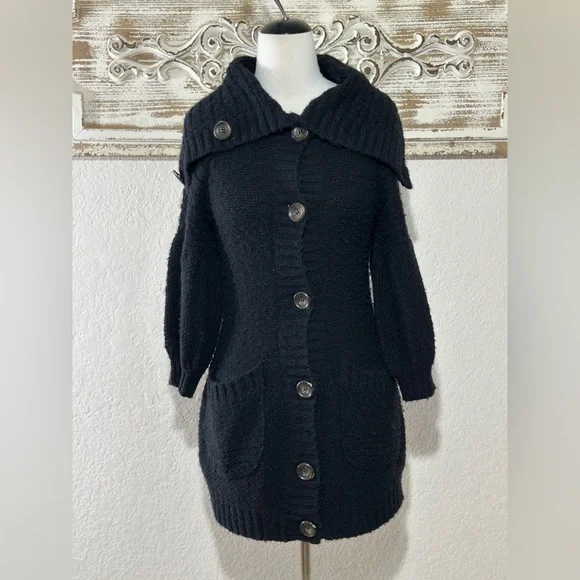 Free People Black Large Buttons Wool Blend Balloon Sleeves Long Cardigan Small - Picture 1 of 9